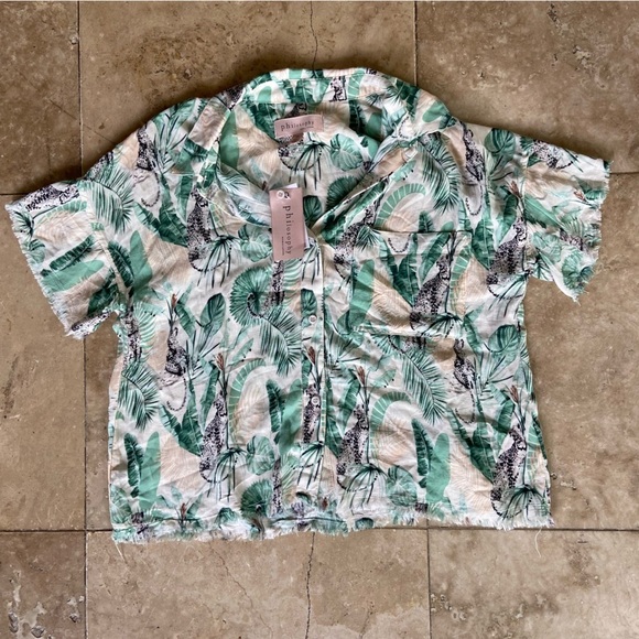 Philosophy Republic Jungle Tropical Print Short Sleeve Button Up Blouse Size SP - Picture 7 of 9